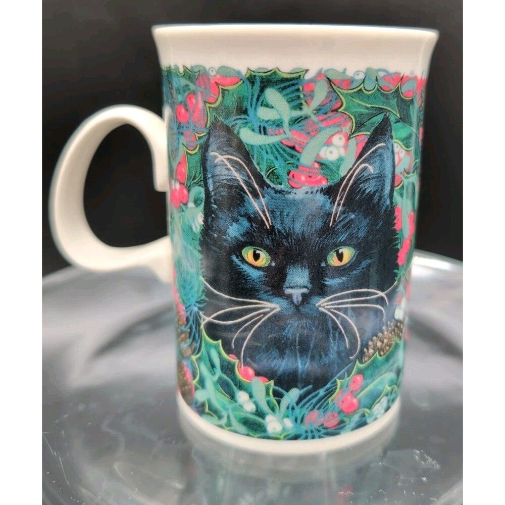 Vintage Dunoon Christmas Cats Mug Sue Scullard Black Cat Holly Berry Scotland